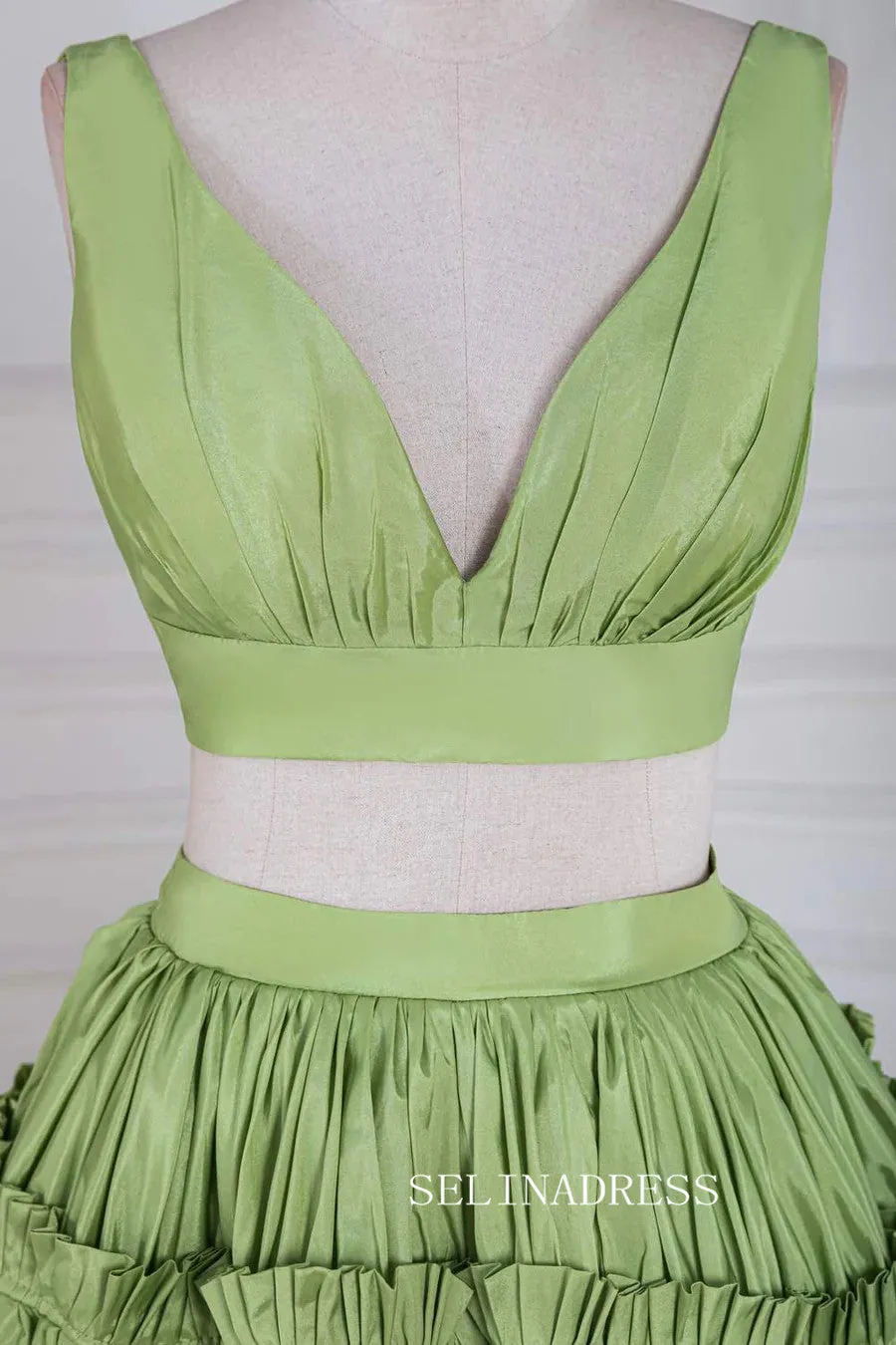 Plunging V Two-Piece Ruffle Layers A-line Green Long Prom Dress lps024
