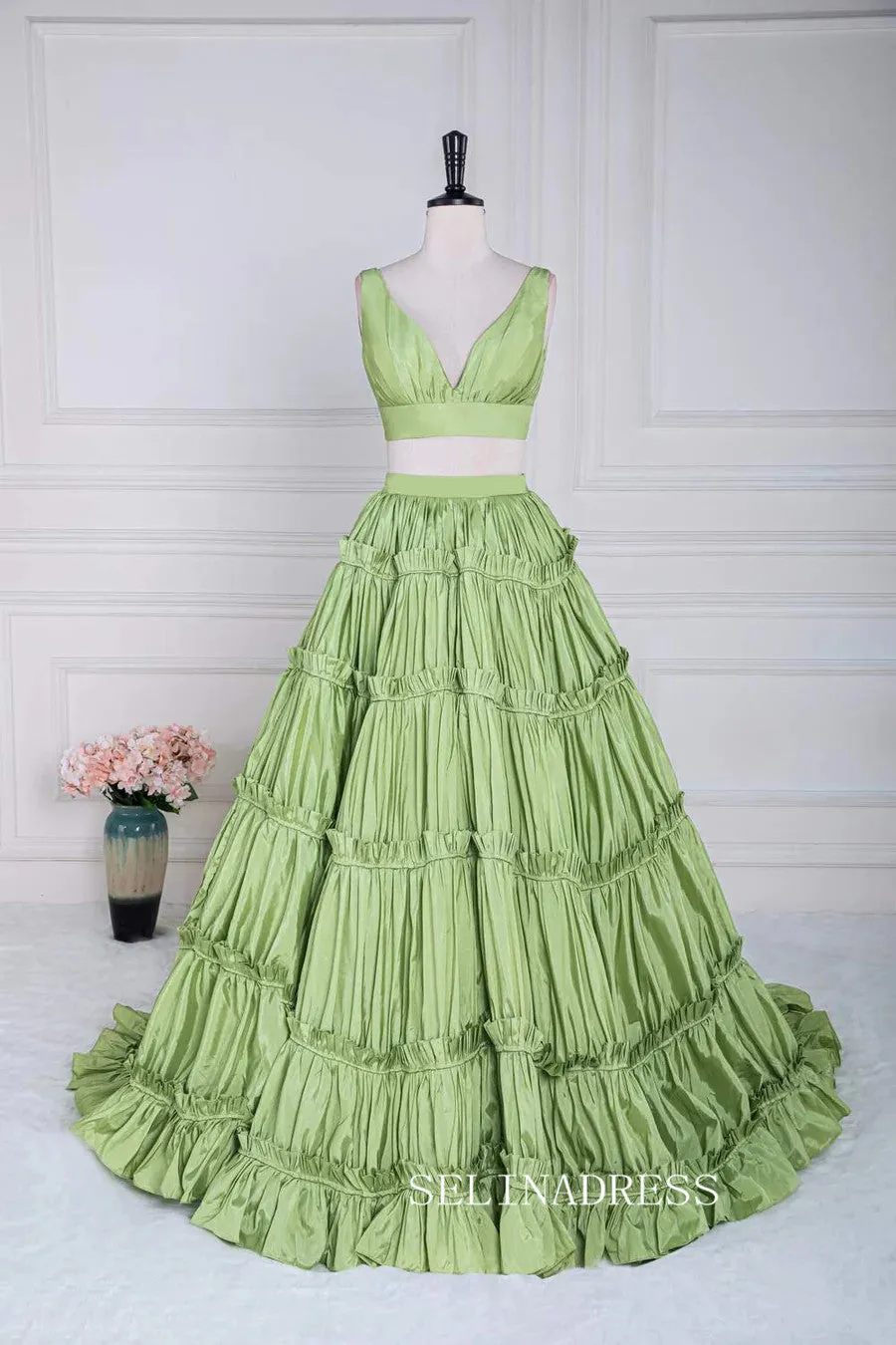 Plunging V Two-Piece Ruffle Layers A-line Green Long Prom Dress lps024