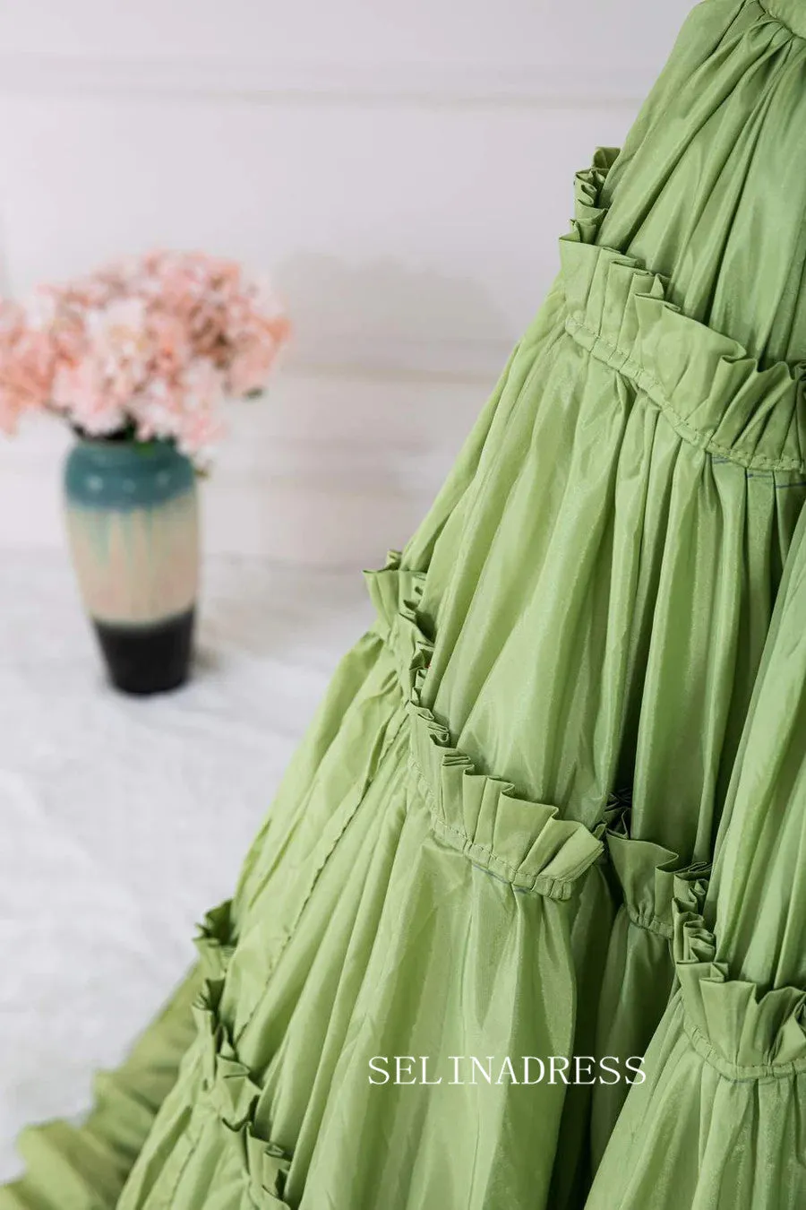 Plunging V Two-Piece Ruffle Layers A-line Green Long Prom Dress lps024