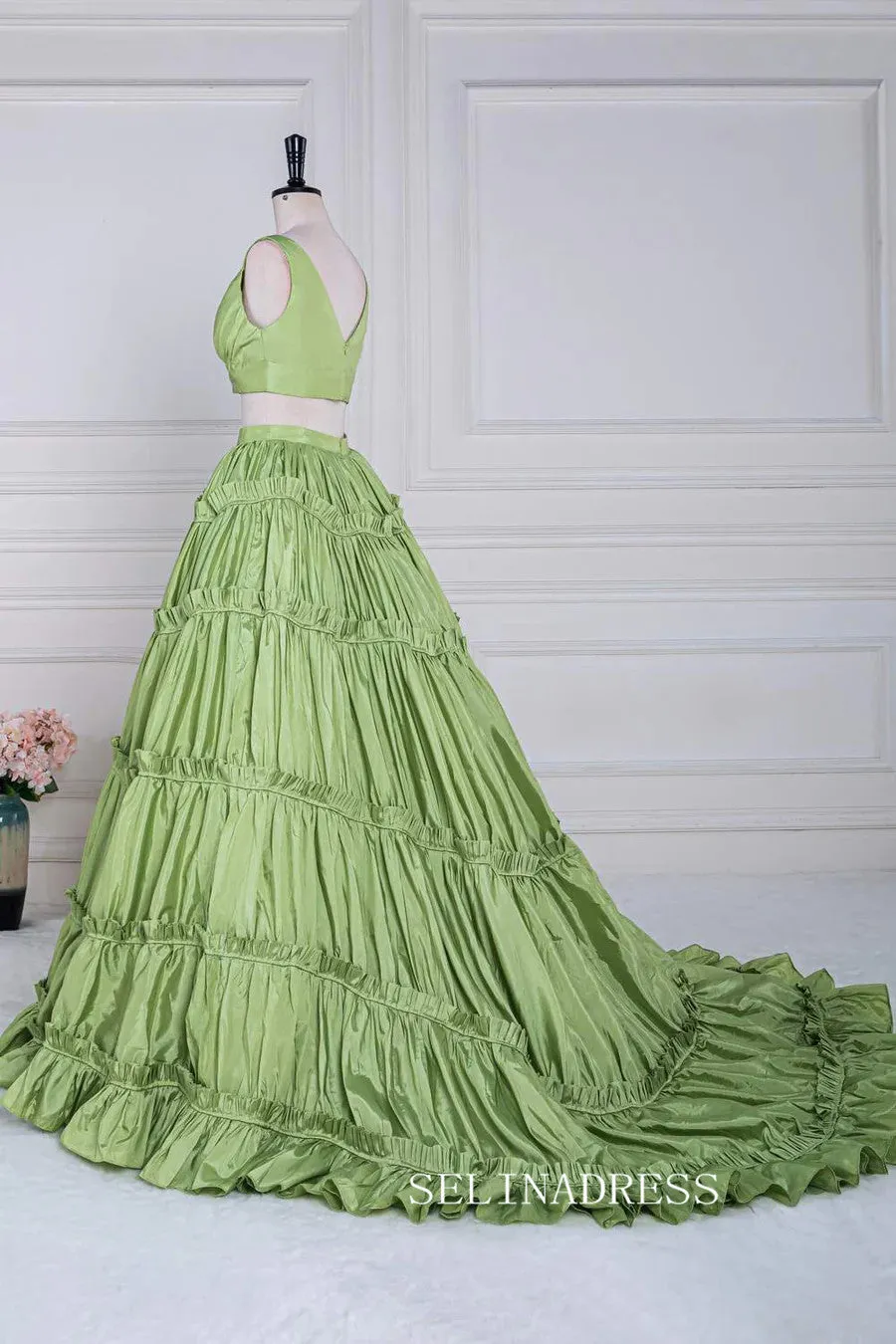 Plunging V Two-Piece Ruffle Layers A-line Green Long Prom Dress lps024