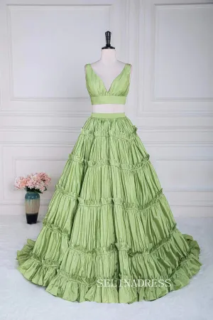 Plunging V Two-Piece Ruffle Layers A-line Green Long Prom Dress lps024