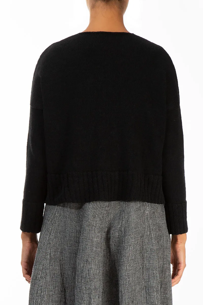 Ribbed Hem Black Linen Cardigan