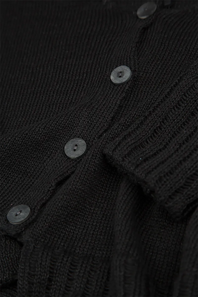 Ribbed Hem Black Linen Cardigan