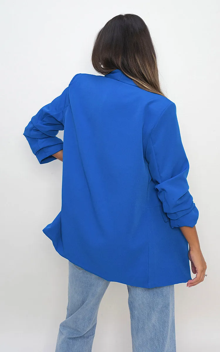 Ruched Sleeve Casual Blazer with Side Pockets