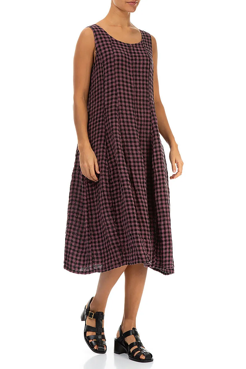 Sleeveless Balloon Mauve Taupe Check Linen Dress