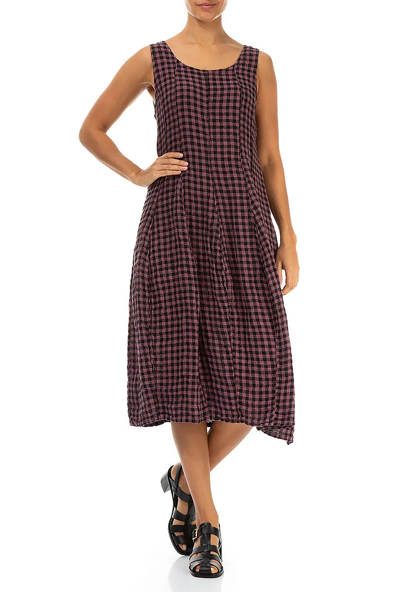 Sleeveless Balloon Mauve Taupe Check Linen Dress