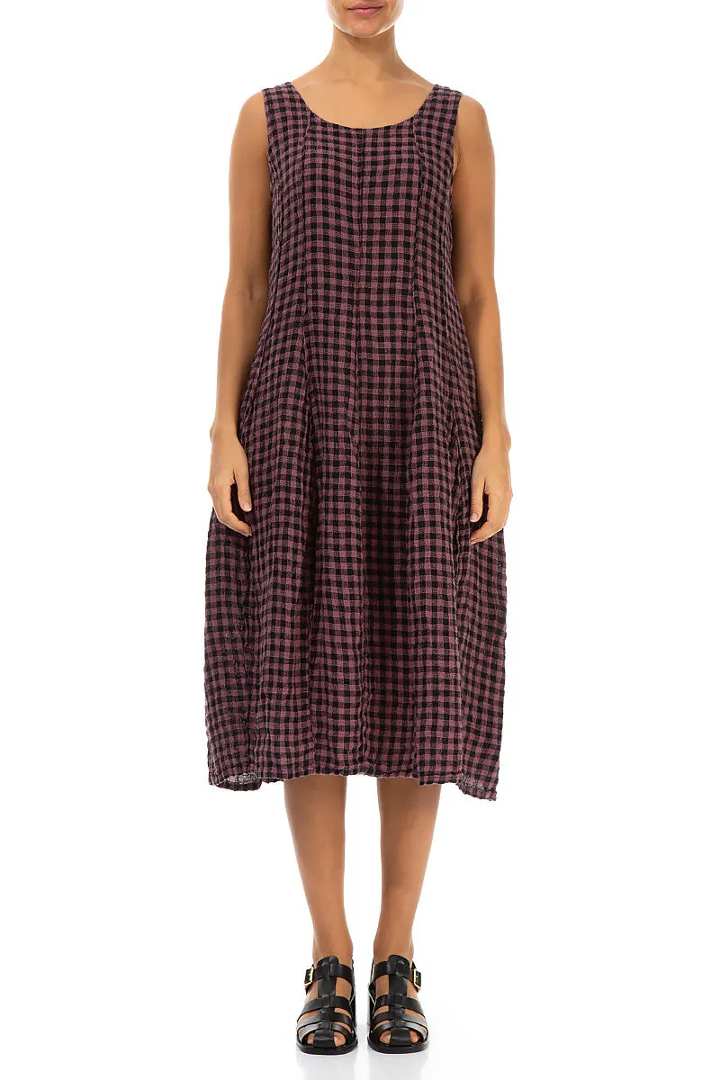 Sleeveless Balloon Mauve Taupe Check Linen Dress