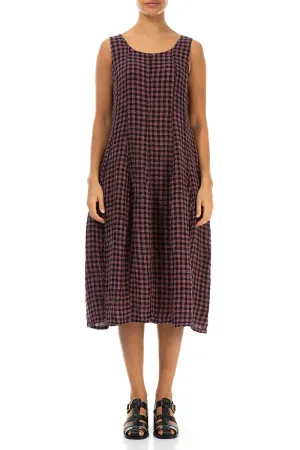 Sleeveless Balloon Mauve Taupe Check Linen Dress