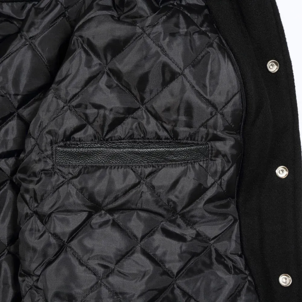 Spine Spark Full Black Wool Leather Varsity Bomber Jacket