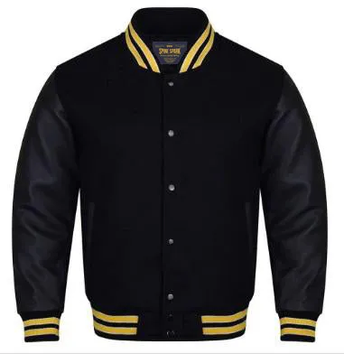 Spine Spark Full Black Wool Leather Varsity Bomber Jacket