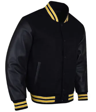 Spine Spark Full Black Wool Leather Varsity Bomber Jacket