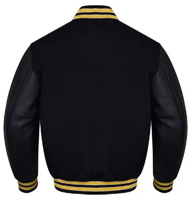 Spine Spark Full Black Wool Leather Varsity Bomber Jacket