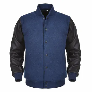 Spine Spark Navy Blue Wool Varsity Jacket Black Leather Sleeves