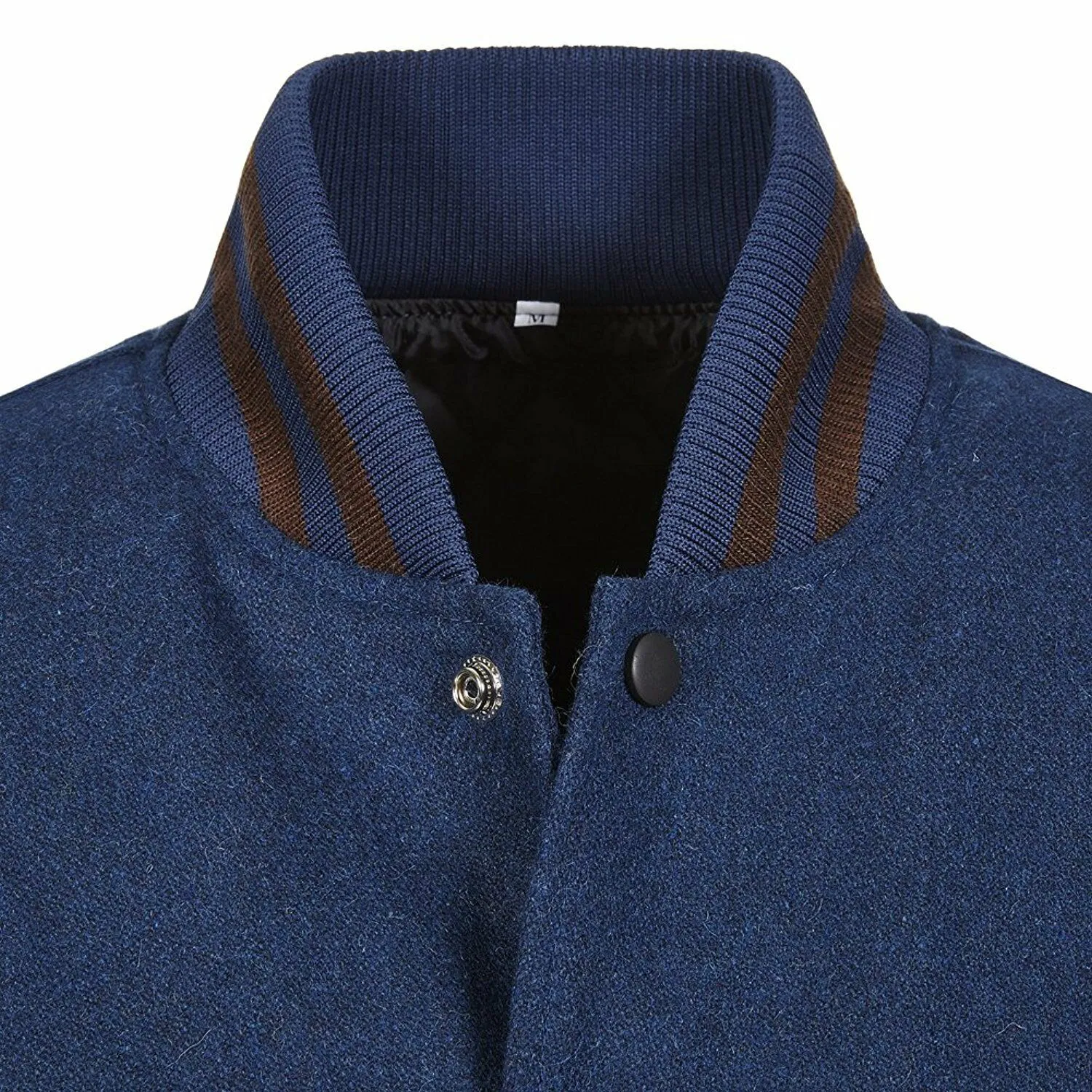 Spine Spark Navy Blue Wool Varsity Jacket Brown Leather Sleeves