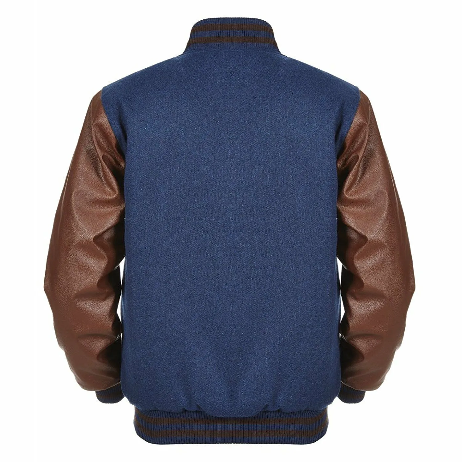 Spine Spark Navy Blue Wool Varsity Jacket Brown Leather Sleeves