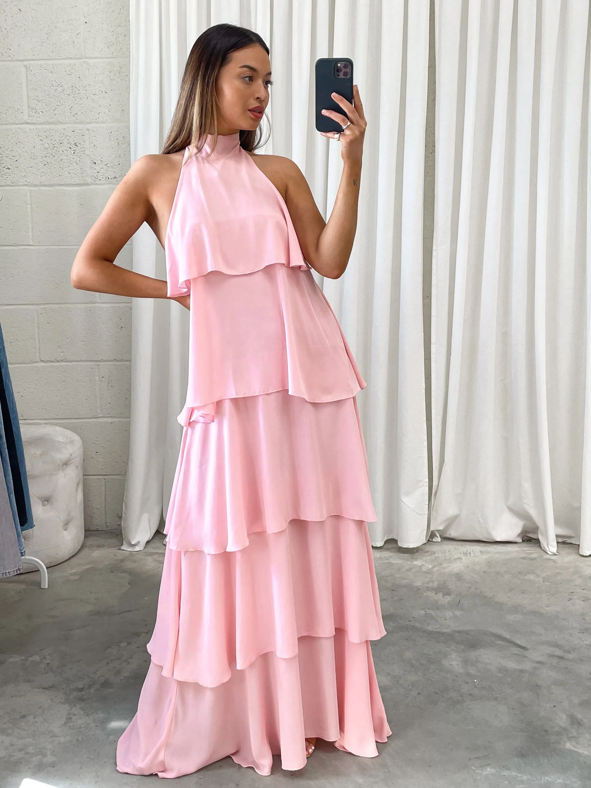 Thea Ruffle Halterneck Dress - Pink