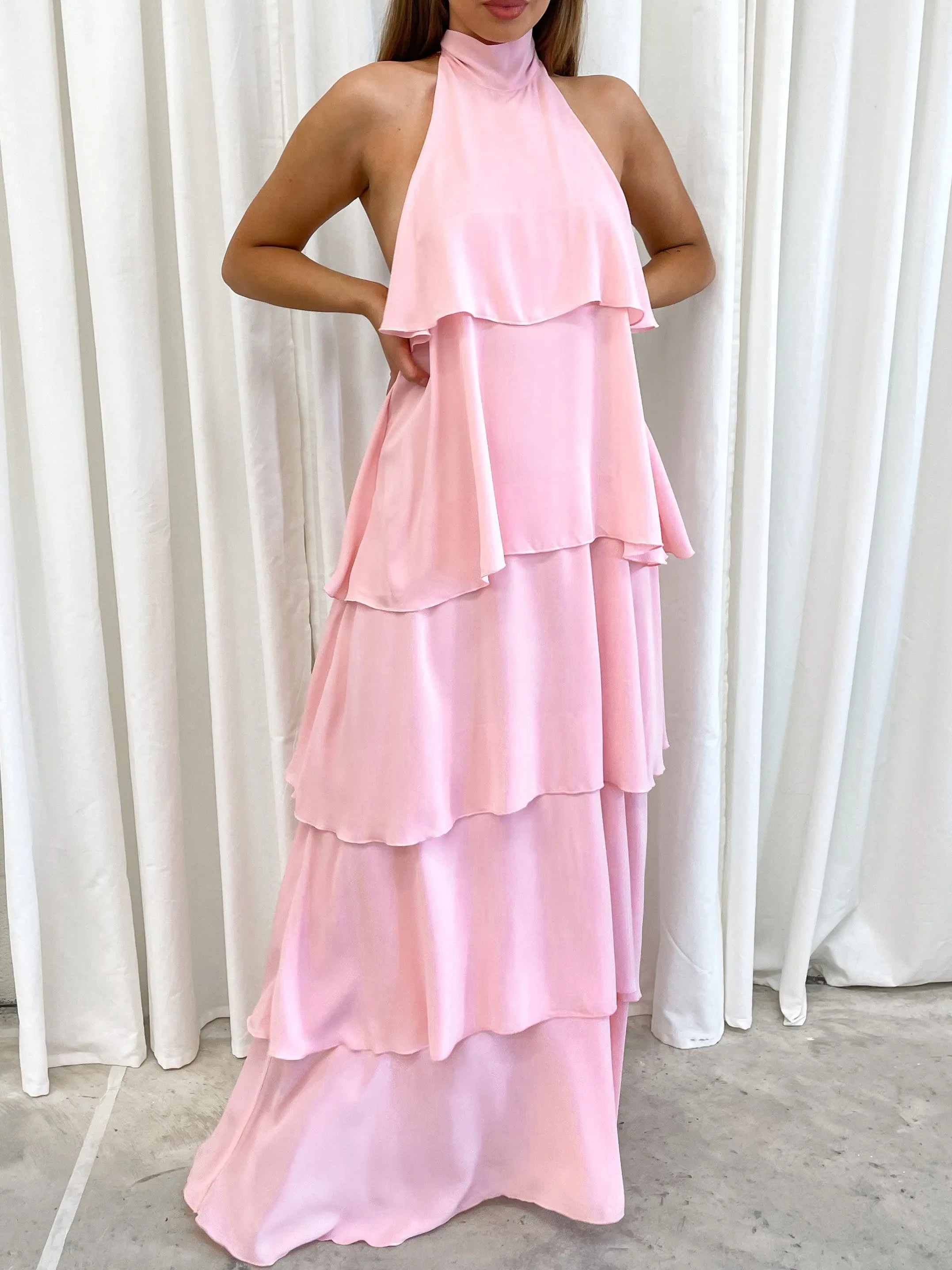 Thea Ruffle Halterneck Dress - Pink