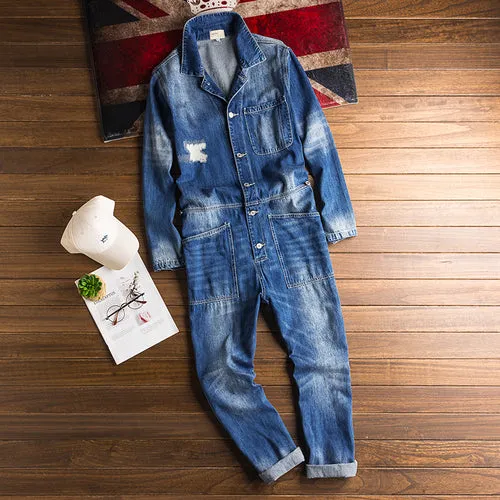 Vintage Hip-hop Coveralls Wash Blue Trousers